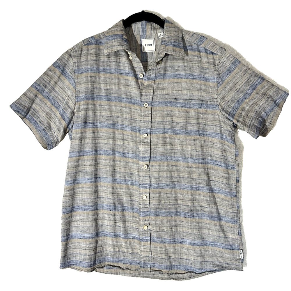 Dillard's ROWM Short-Sleeve Blue Beige Casual comfort buttons collared Shirt